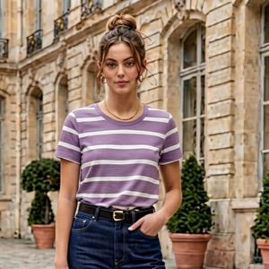 Purple & White Striped Crew Neck T-Shirt
