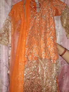 Lahenga With Long Top Orange Colour Glitter Work