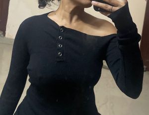 Black Ribbed Button Detail Off-Shoulder Dress
