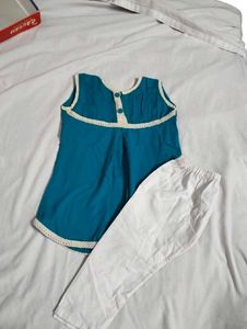 Teal Blue Top &amp; White Pants Set for Girls