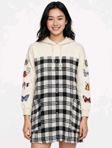 Chic Plaid Hoodie Dress with Bug Embellishments