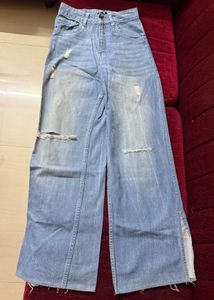 Ripped Wide Leg Denim Jeans