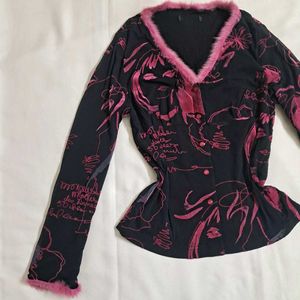 Y2k Vintage 2000s Hollywood Graphic Print Fur Top