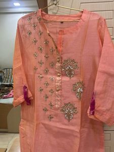 Elegant Peach Embroidered Kurta with inner skirt