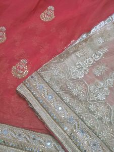 Exquisite Dual-Tone Mirror Work Saree Peach Orange