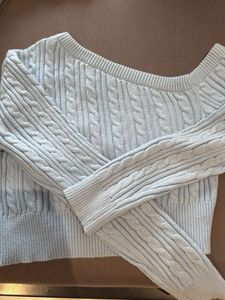 Light Blue Cable Knit Sweater off shoulder