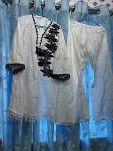 White Kurta with Black Floral Embroidery