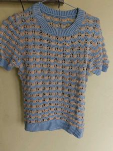 Blue & Beige Crocheted Knit Top