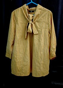Stylish Yellow Striped Bow Blouse
