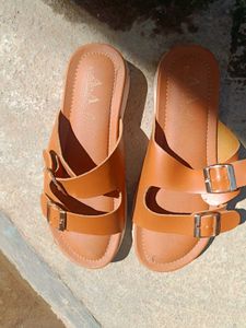 Stylish Tan Buckled Slide Sandals