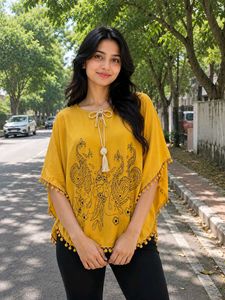 Yellow Kaftan Top with Tassel Detail