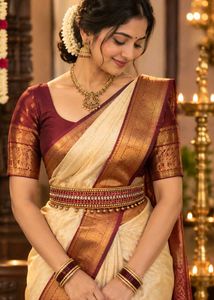 Elegant Cream & Maroon Silk Saree