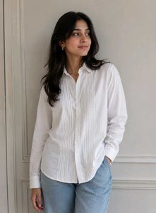 White Pleated Button-Up Shir