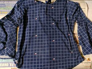Stylish Blue Checkered Bell Sleeve Top