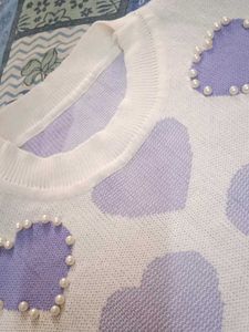 White Pearls Heart Shape  Short Sleeve Top