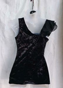 Black Velvet One-Shoulder Ruffle Top