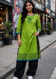 Green printed cotton kurta