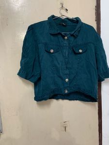 Teal Cropped Denim Jacket
