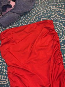 Red Ruched Strapless Mini Dress