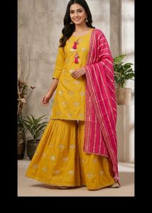 Yellow Kurta Set with garara & Pink Dupatta