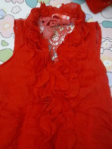 Red Ruffled Neck Sleeveless Top