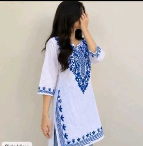 White Kurta with Blue Embroidery