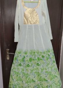 White &amp; Green Floral Printed Long Frock