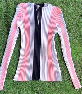 Striped Zip-Up Ribbed Sweater