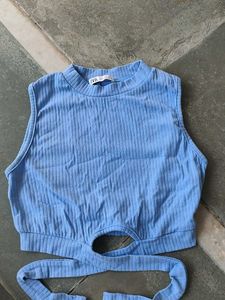 Blue Ribbed Cut-Out Crop Top