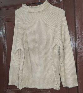 Beige Ribbed Knit Turtleneck Sweater