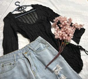 Original Shein Black Crochet Bell Sleeve Top