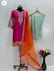 3D Heavy Chinon Embroidery Kurti Palazzo