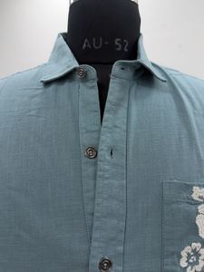 Men's Blue Short Sleeve Embroidered Shirt