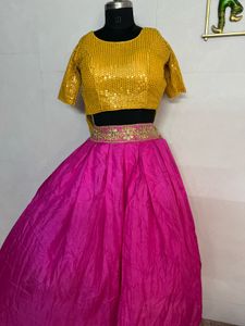Stunning Yellow Sequin Blouse with Pink Lehenga