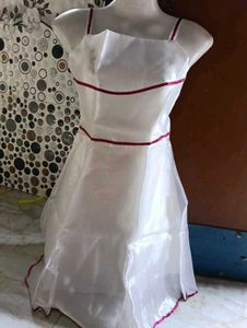 Sheer White Dress with Maroon Trim