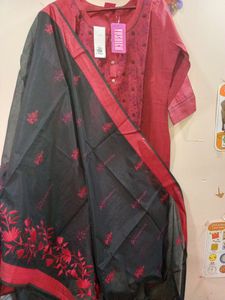 Embroidered Kurti With Dupatta And Churidar Set