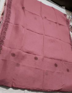Pink Chikankari Floral Paisley Cotton Saree