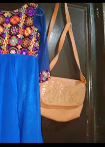 Blue Embroidered Anarkali Gown and bag
