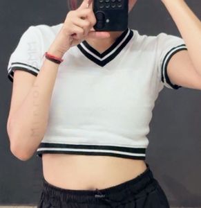 Striped Trim V-Neck Crop Tee