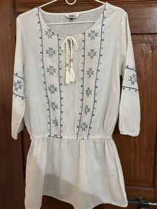 Off White Blue Embroidered Top Clinched At Waist