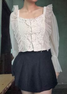 Sheer Lace Button-Up Blouse