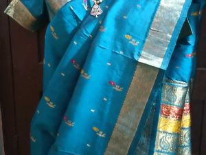 GentlyUsed TealBlue DharmavarmPattuSaree+Meen