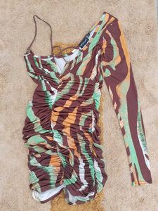 Ruched One-Sleeve Print Mini Dress