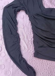 Chic Black Ruched Mesh Sleeve Top