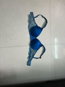 Blue Lace Trim Padded Bra