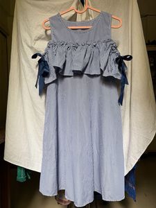 Korean Style Blue Gingham Cold Shoulder Dress