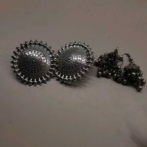 Set of 2 Oxidized Silver Jhumka Earrings