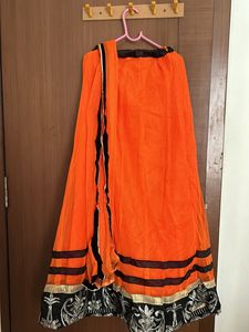 1 Meter Orange Ethenic Skirt With Net Dupatta