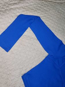 Blue Ribbed Square Neck Cropped Top