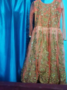 Floor Touch Gown in Peach colour with Mirror